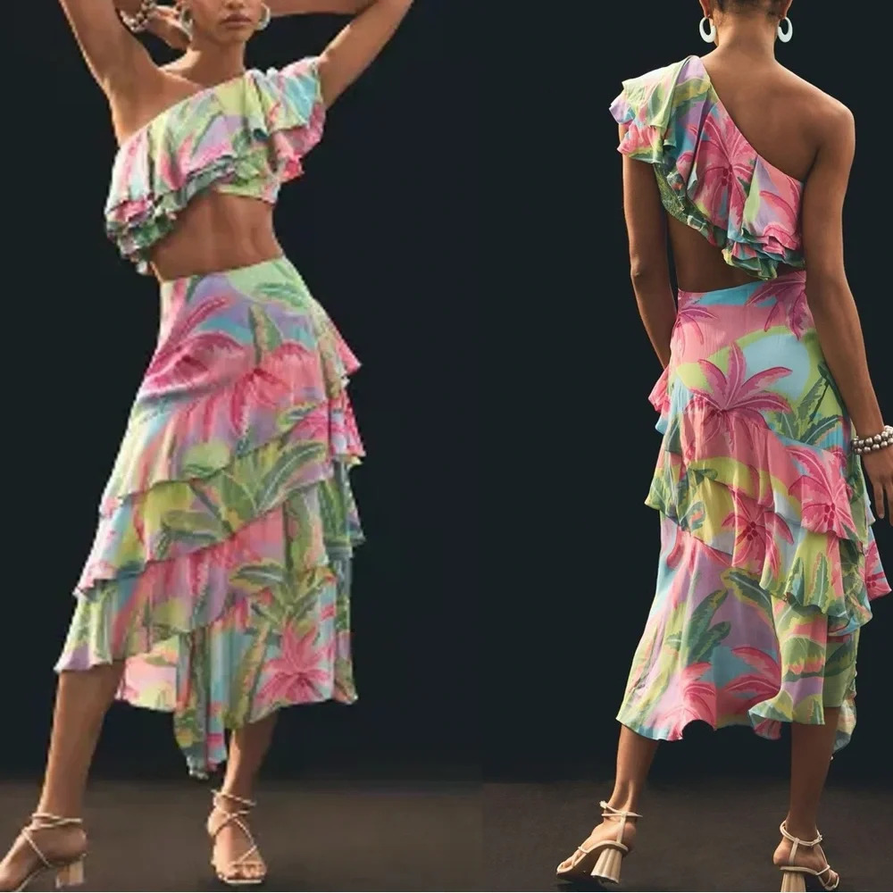 Anthropologie Farm Rio Tiered Asymmetrical Skirt